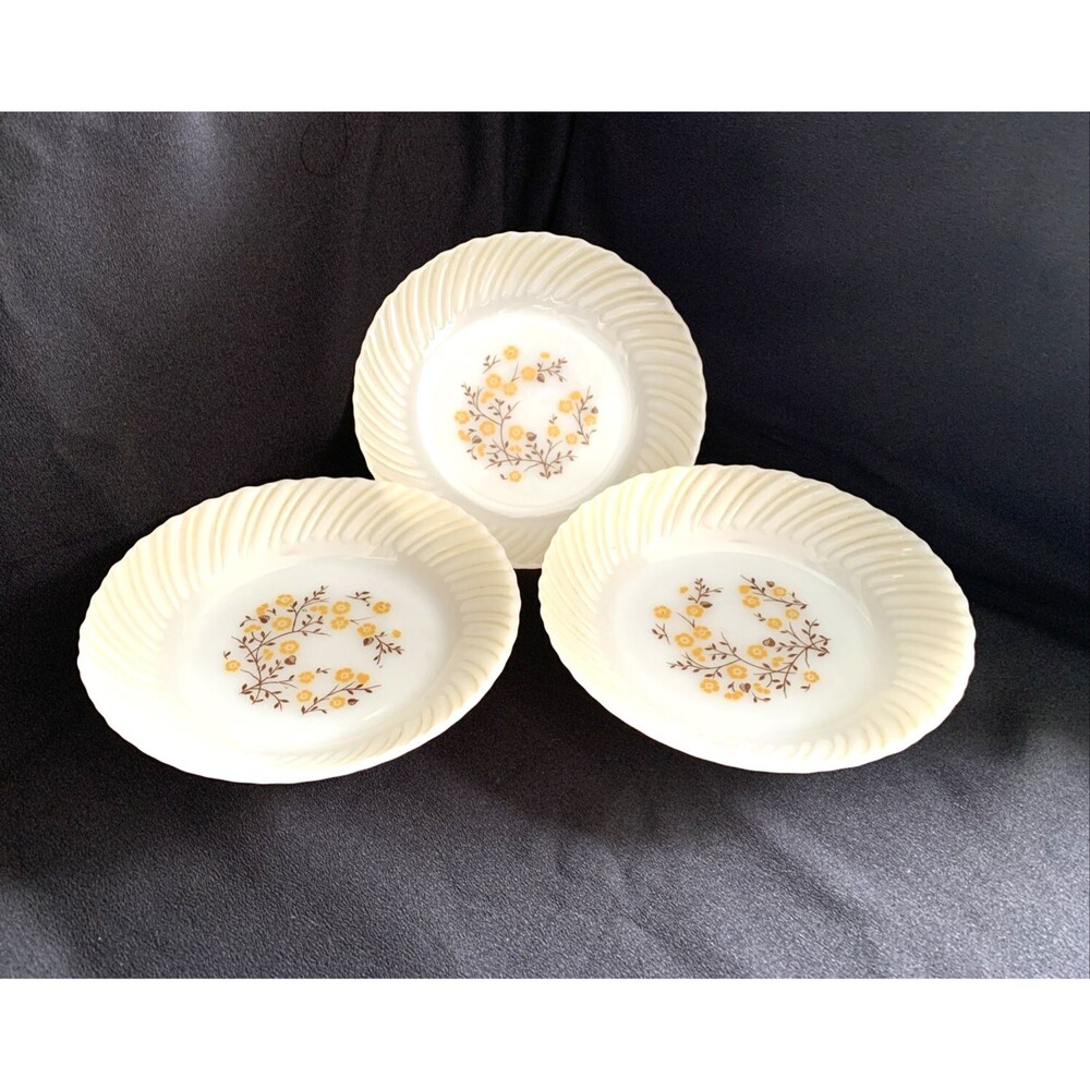 Vtg 60s Termocrisa Milk Glass Yellow Brown Fall Floral Shallow Bowls (3) Mexico